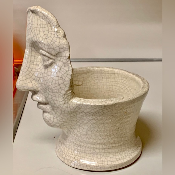 Vintage Glazed Pottery Greco Roman Androgynous Face Archaic Smile Planter Vase - Picture 4 of 11